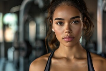 A close-up portrait of a confident athletic woman in a gym showcasing her toned physique and focused expression