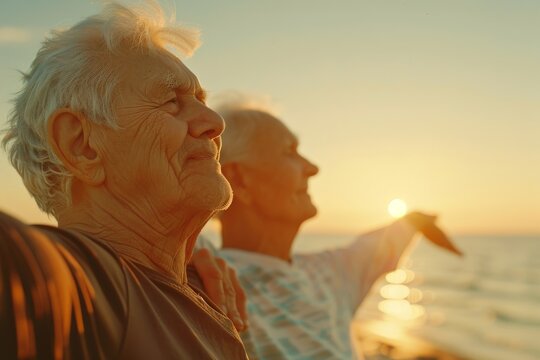 A closeup photograph of an elderly couple stretching together on a beach boardwalk during sunrise. The warm glow of the rising sun illuminates their faces as they look out towards the ocean