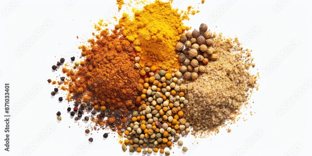 Poster a selection of various spices on a clean white surface