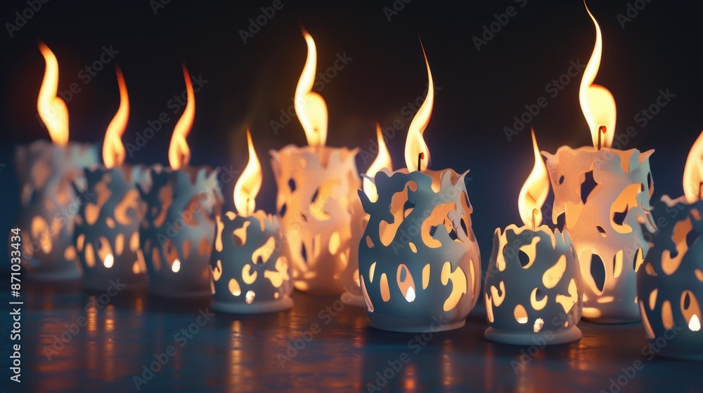 Poster row of lit candles placed on a table, great for use as a centerpiece or decorative element