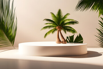Obraz premium Sun-drenched sands and swaying palms set the scene. A natural pedestal, bathed in tropical light, showcases your product with a touch of island flair. Coconut and its leafy shadow add a playful touch
