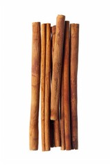 A pile of cinnamon sticks on a white surface, ideal for food or spice displays