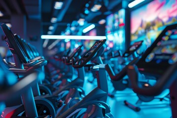 A close-up view of a modern indoor cycling studio with rows of stationary bikes, each equipped with a digital screen. The room is illuminated with blue lighting