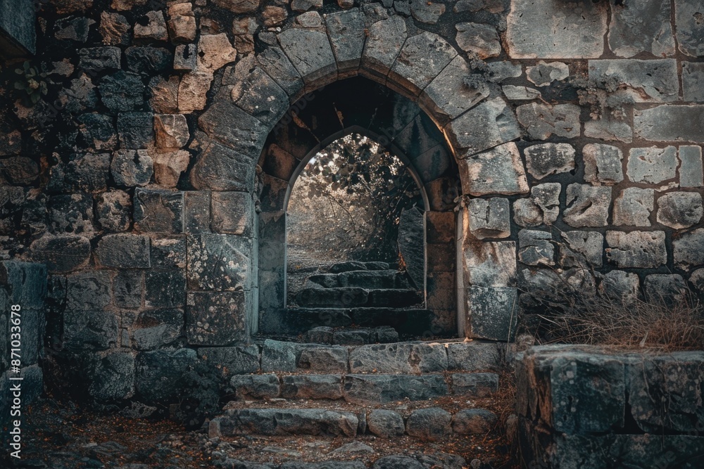 Poster A historic stone structure with a distinctive arch feature