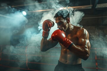 A determined boxer in a boxing ring prepares to throw a punch, his red gloves held high as smoke swirls around him