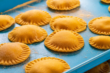 Hand made Ravioli noodles in close up view with soft bokeh background