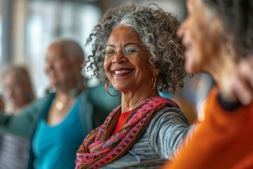 A close-up photo of a group of senior women laughing and dancing together in a studio, capturing their joy and energy