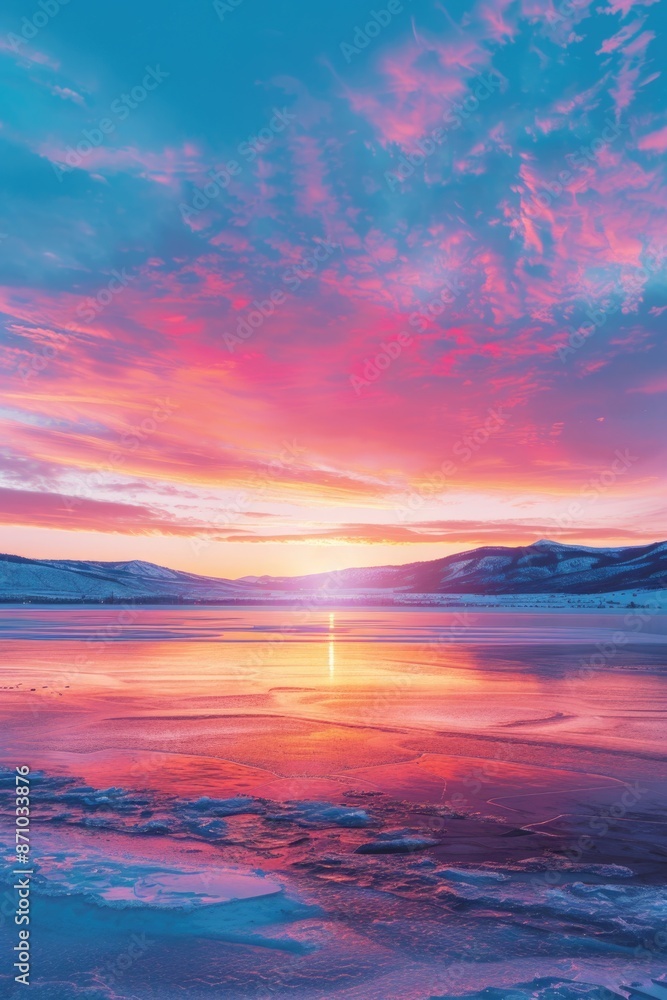 Aufkleber a serene scene of the sun setting over a frozen lake with snow-covered trees and a peaceful atmosphe