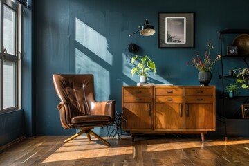 Contemporary Living Room with Blue Wall and Leather Armchair