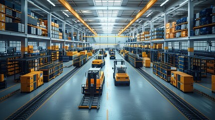 An artistic depiction of a logistics warehouse with automated storage and retrieval systems, forklifts, and conveyors, emphasizing the efficiency of modern logistics. , Minimalism,
