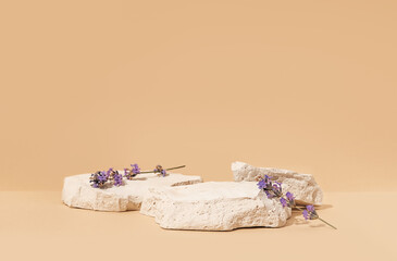 Beauty cosmetics product mockup scene with copy space, featuring white stone and a lavender flower....