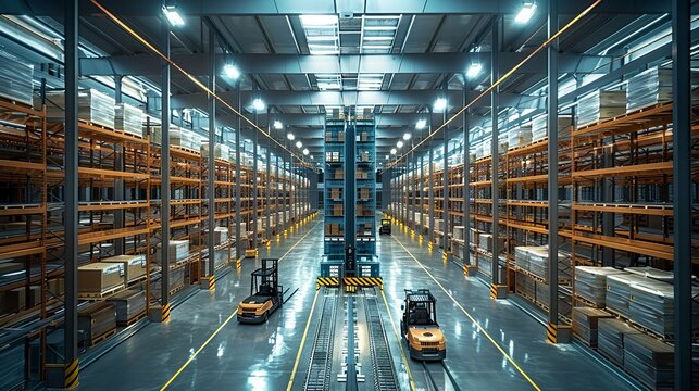 An artistic depiction of a logistics warehouse with automated storage and retrieval systems, forklifts, and conveyors, emphasizing the efficiency of modern logistics. , Minimalism,