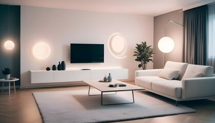 A futuristic living room with unique furniture arrangements, colorful LED lighting, and gradient walls, photographed in high resolution.