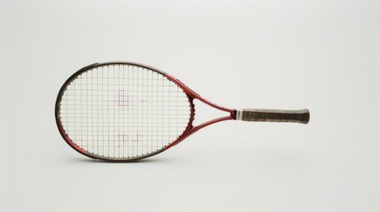 Close-up shot of a tennis racket on a white surface, ideal for use in sports-related designs and promotions