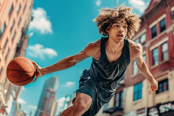 A young male athlete with curly hair dribbles a basketball in a dynamic pose against a backdrop of a city street