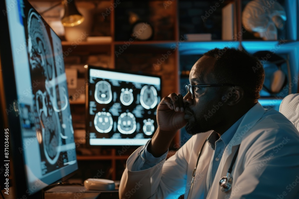 Canvas Prints A professional wearing a lab coat holds a cell phone and talks to someone, possibly discussing work or personal matters