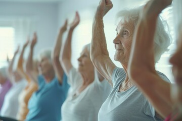 A heartwarming photograph of elderly women participating in a gentle exercise class in a nursing home