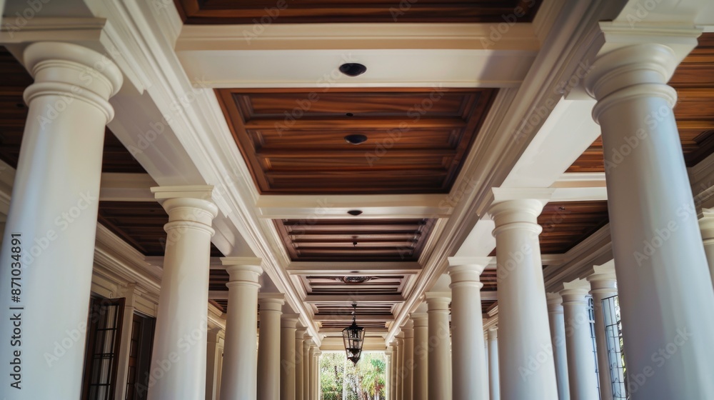 Poster A long hallway with columns and a clock on the ceiling, suitable for use in interior design, architecture or historical settings
