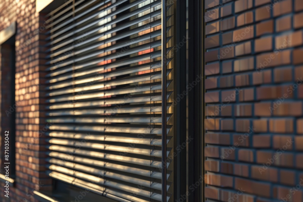 Poster a brick building with a window partially blocked by blinds