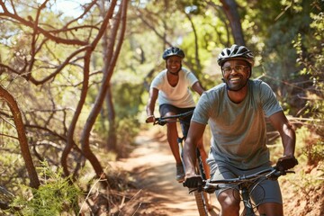 A happy couple rides mountain bikes on a scenic forest trail. They are both wearing helmets and smiling as they enjoy the sunny day
