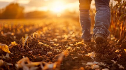 Obraz premium Farm Focus on a farmer harvesting crops with a field background, morning light, empty space center for text