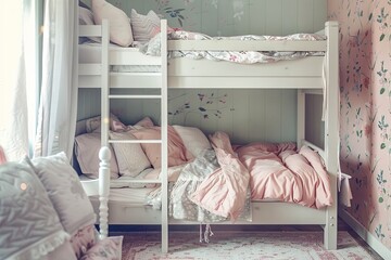 Children's bedroom in pastel colors with bunk beds and pillows