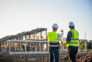 Two Architect man discussing about the building plan and see how the construction progressive at...