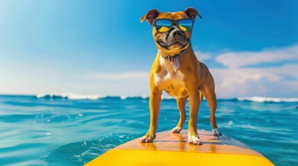 Cool Dog Surfing with Sunglasses on a Sunny Day. Generative ai.