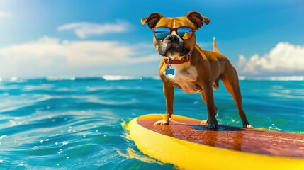 Cool Dog Surfing with Sunglasses on a Sunny Day. Generative ai.