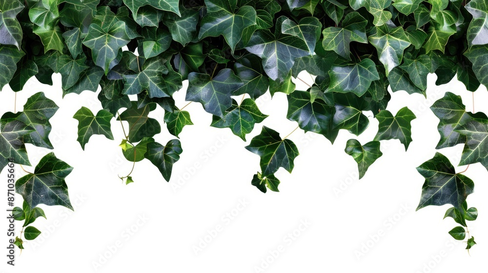 Poster a collection of fresh green leaves dangling from a wall, perfect for decorating or adding natural ch