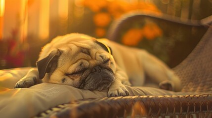 Pug Sleeping in the Sun on a Terrace. Generative ai.