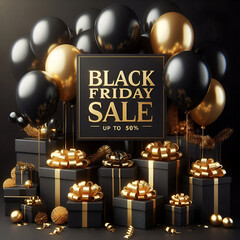 Social Media Banner Post Design Template for Black Friday with Realistic Balloons and Gift Boxes