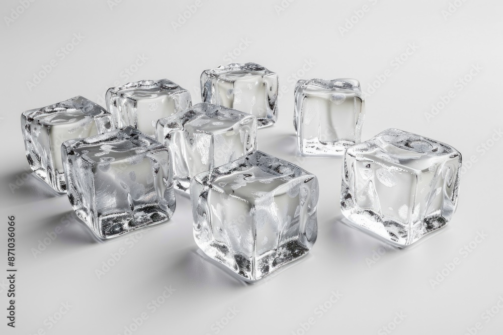 Poster A cluster of ice cubes resting on a flat surface, perfect for various uses such as cooling drinks or decorative arrangements