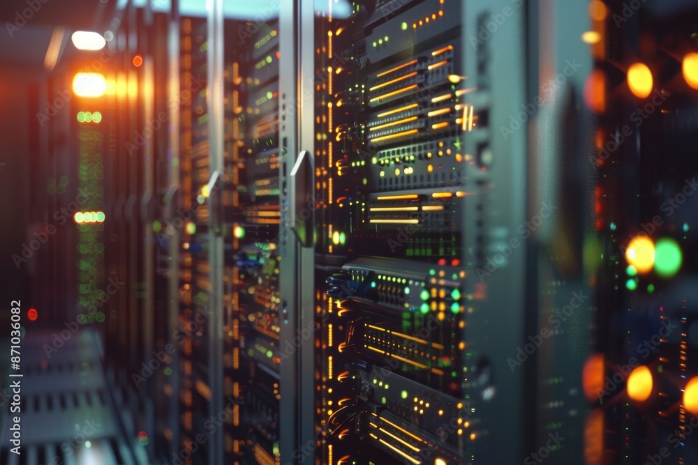Poster row of servers in a server room, technology and computing equipment