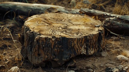 Obraz premium A close-up shot of a tree stump lying on the ground, surrounded by dirt and possibly signs of decay