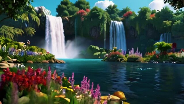 Paradise landscape with beautiful gardens, waterfalls and flowers, magical idyllic background with many flowers in eden, 4K High-Quality animation video