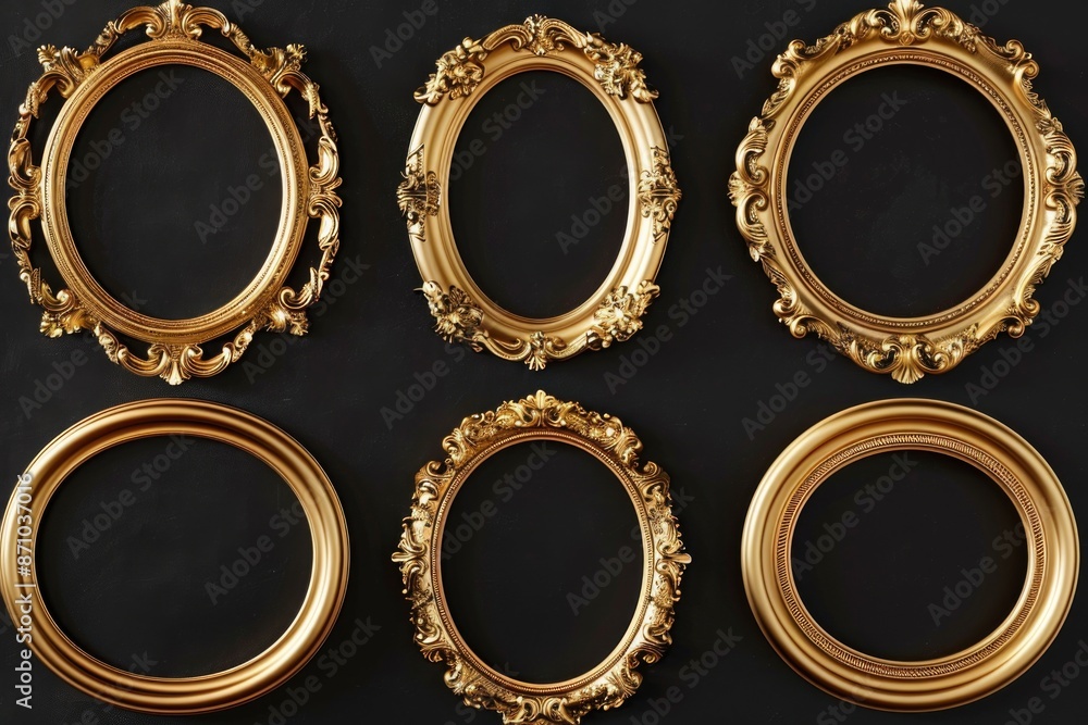 Poster four decorative gold oval frames on a dark background, ideal for use in designs and layouts