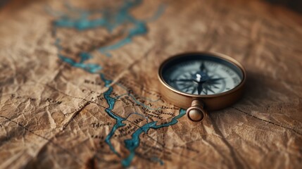 A vintage compass rests on an antique map with a prominent waterway