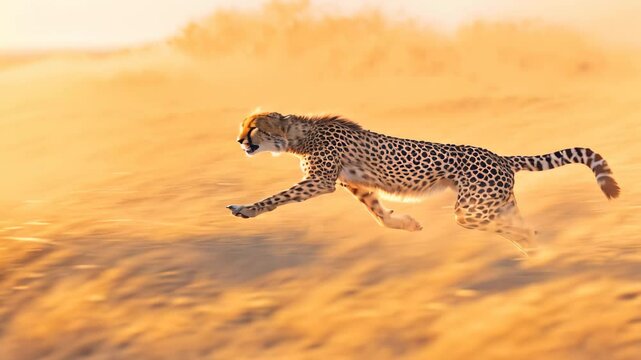 A cheetah dashing across a field of brown grass at high speed, A cheetah sprinting with incredible speed across the golden grasslands chasing its prey