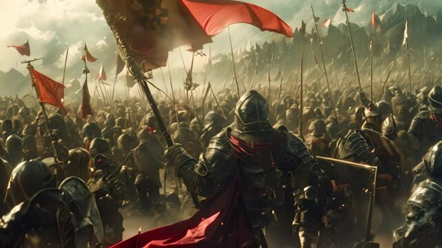 A large group of people in armor engaging in a medieval fantasy war on a field, A clash of armies in a medieval fantasy war