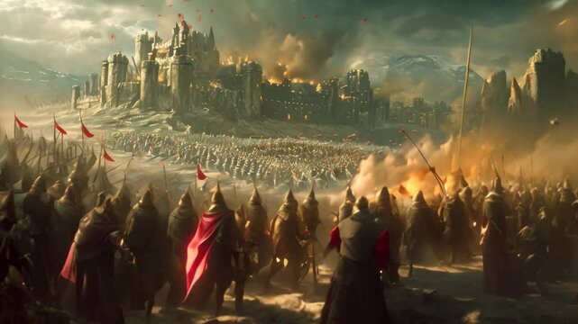 Painting depicting a fierce medieval battle with a castle looming in the background, A clash of armies in a medieval fantasy war