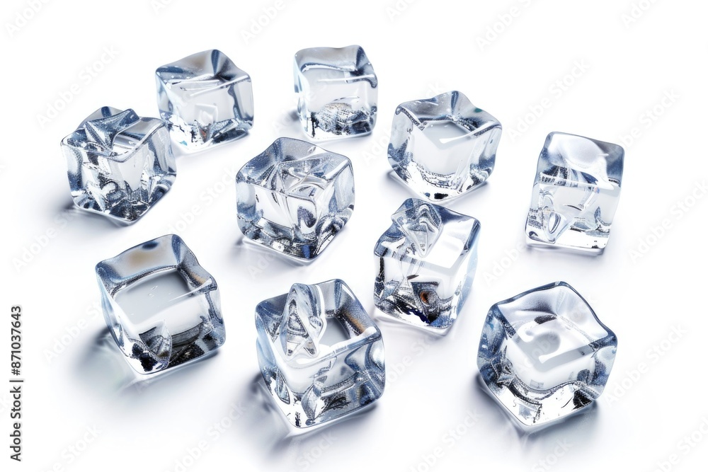 Poster a cluster of clear ice cubes sitting on a white surface, perfect for use in winter or cold-themed de