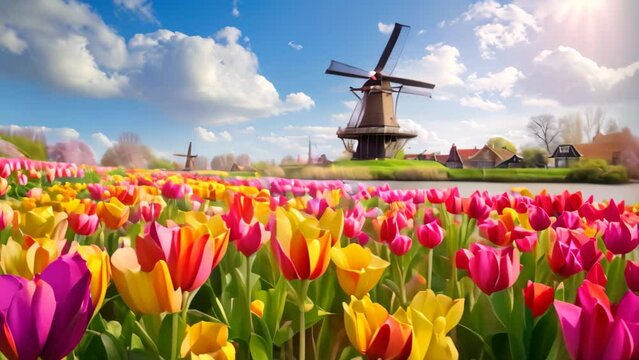 A lush field blooming with colorful tulips under a majestic windmill in the distance, A colorful tulip field with a picturesque windmill in the background