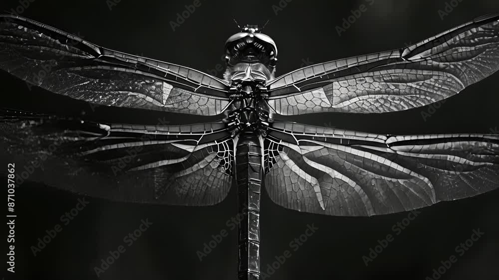 Poster the mesmerizing patterns on a dragonflys wings emphasized in monochrome. black and white art