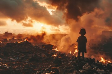 A person stands on top of a pile of rubble, possibly after a natural disaster or construction site