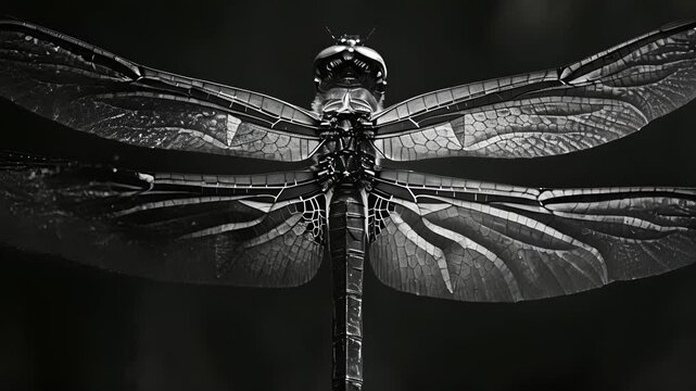 The mesmerizing patterns on a dragonflys wings emphasized in monochrome. Black and white art