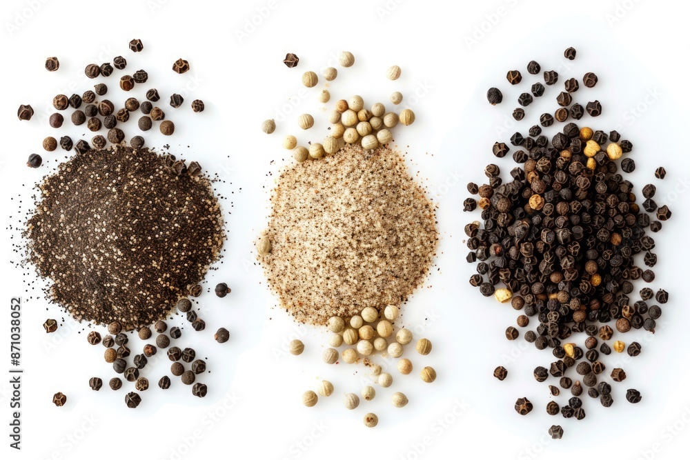 Poster Close-up of three different spices arranged on a white background