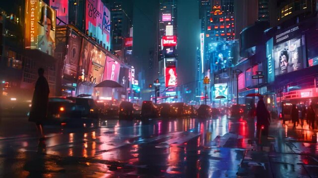 Group of People Walking Down City Street at Night, A bustling cityscape at night with neon lights reflected off wet rain-covered streets