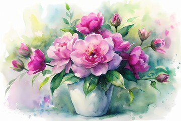 Vibrant magenta floral arrangement in a modern vase against a bright white background, surrounded by lush green leaves and subtle bokeh effect.