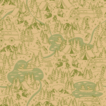 Forest Camping Map Seamless Line Drawing Pattern
